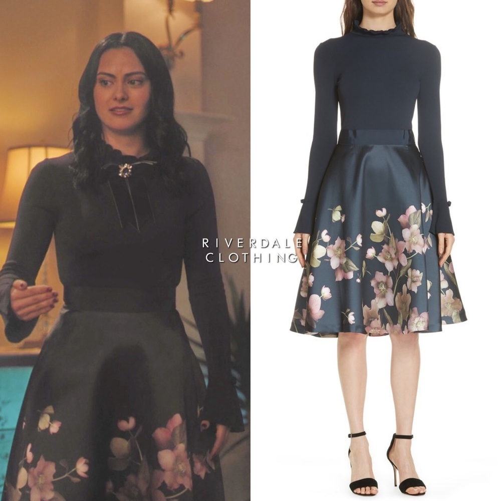 Ted Baker Seema Arboretum Midi Frill Neck Floral Print Dress, Navy